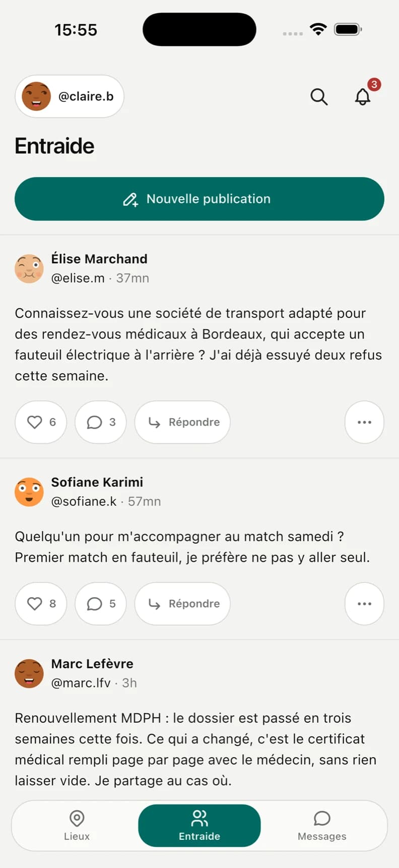 Aperçu du fil Entraide de l'application MobaLink : des publications avec le nombre de mentions j'aime et de réponses.